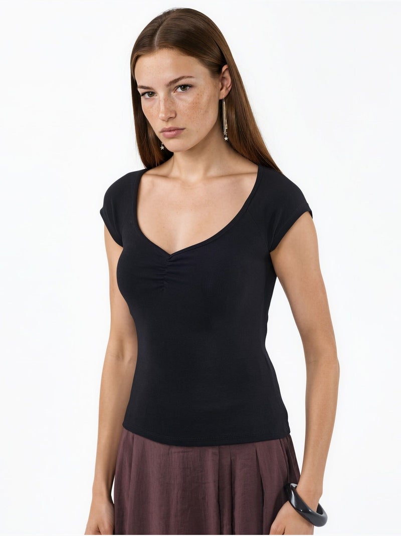 Blouse à col v et manches courtes avec drapé busem Noir - Kiabi