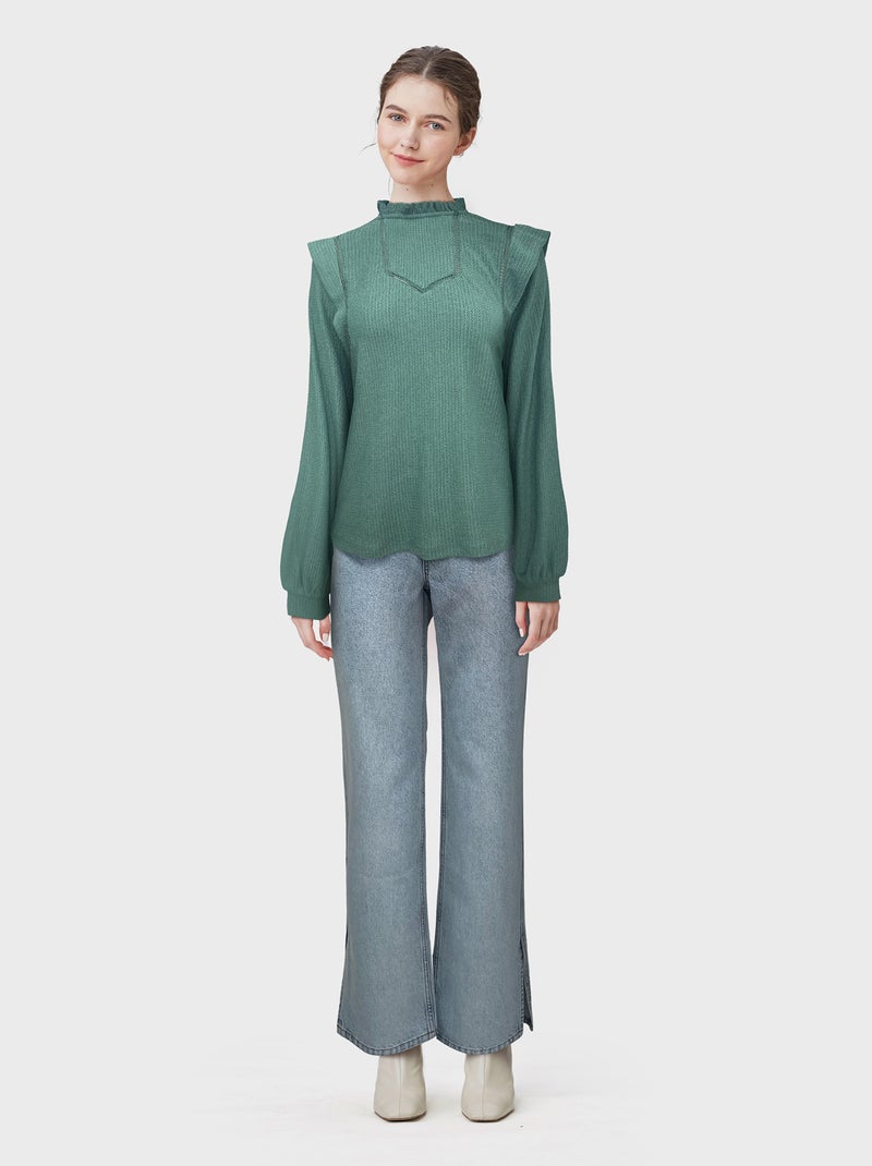Blouse à col volanté Vert - Kiabi