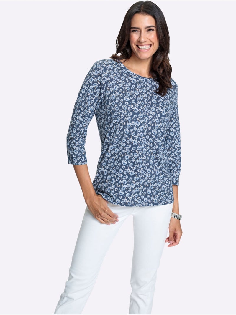 Blouse à encolure ronde à motifs floraux et manches trois quarts - taille standard - witt Bleu Bleu - Kiabi