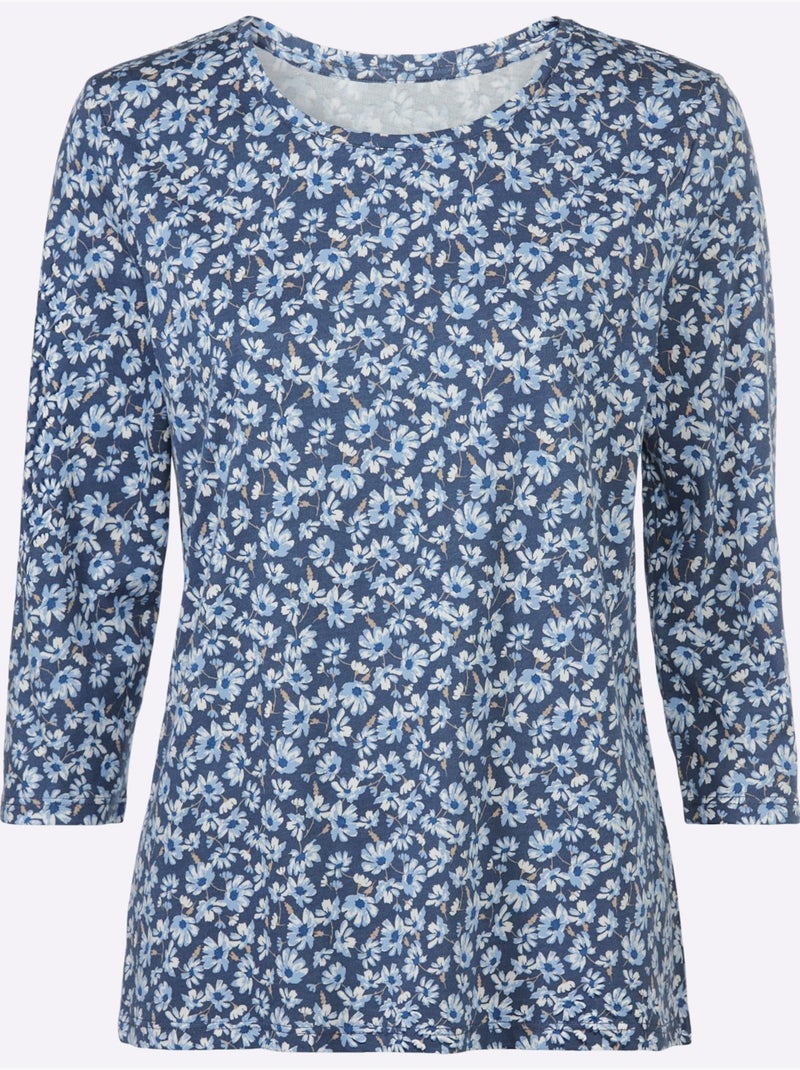 Blouse à encolure ronde à motifs floraux et manches trois quarts - taille standard - witt Bleu Bleu - Kiabi