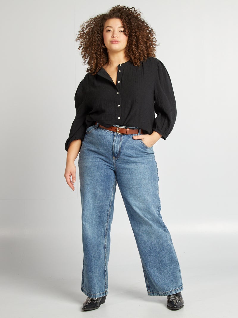 Blouse à manches 3/4 en gaze de coton noir - Kiabi