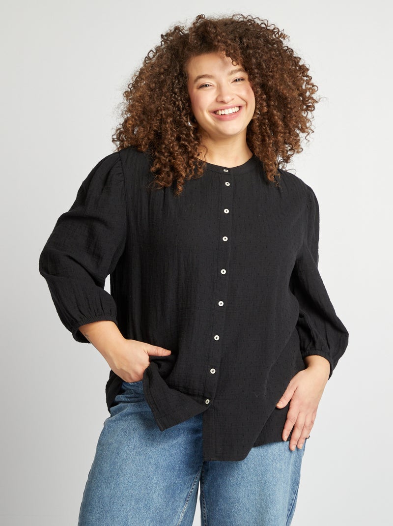Blouse à manches 3/4 en gaze de coton noir - Kiabi