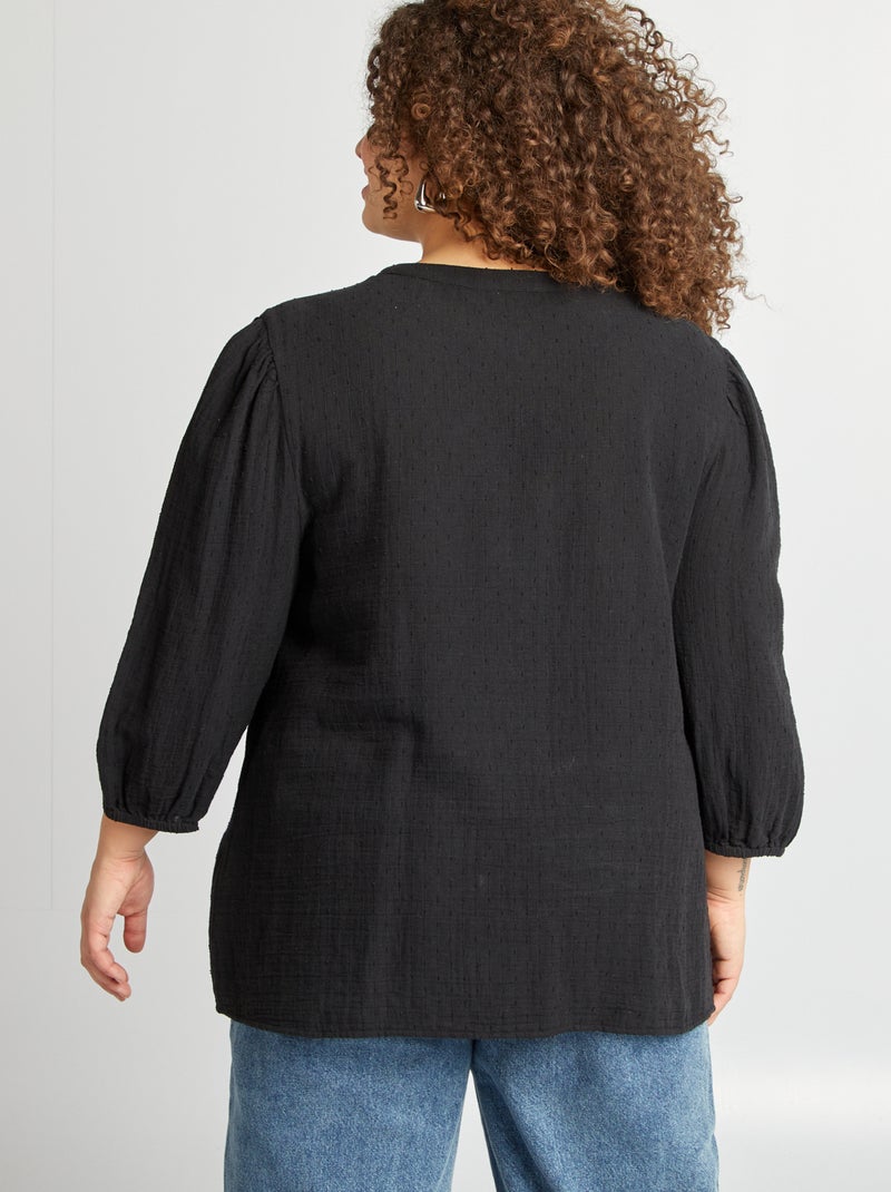 Blouse à manches 3/4 en gaze de coton noir - Kiabi
