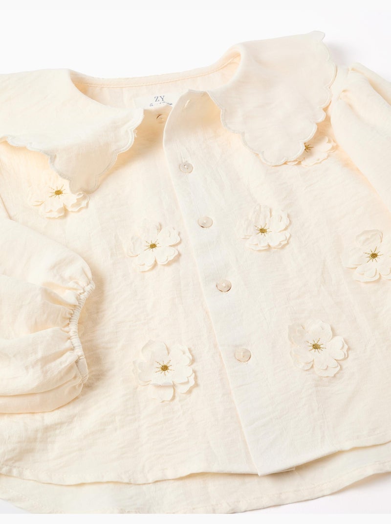 Blouse à manches ballon et appliqué floral Beige clair - Kiabi