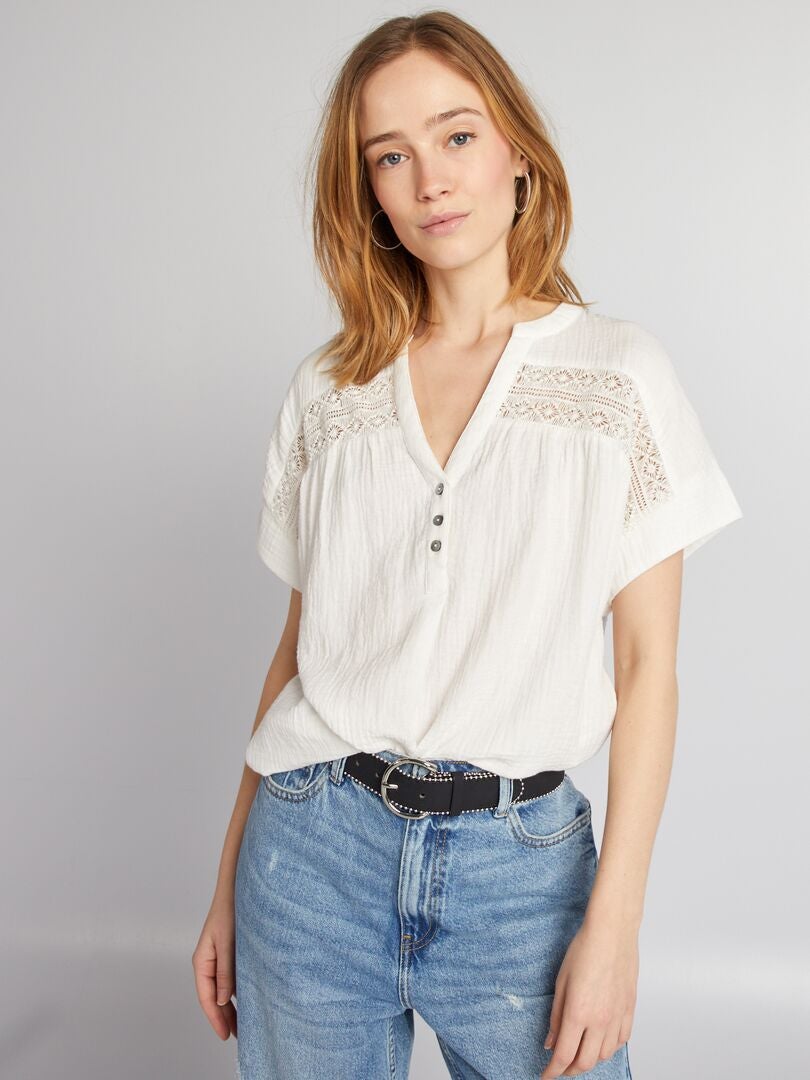 Blouse à manches courtes en gaze de coton blanc - Kiabi