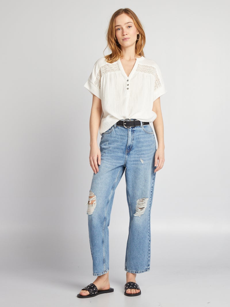 Blouse à manches courtes en gaze de coton blanc - Kiabi