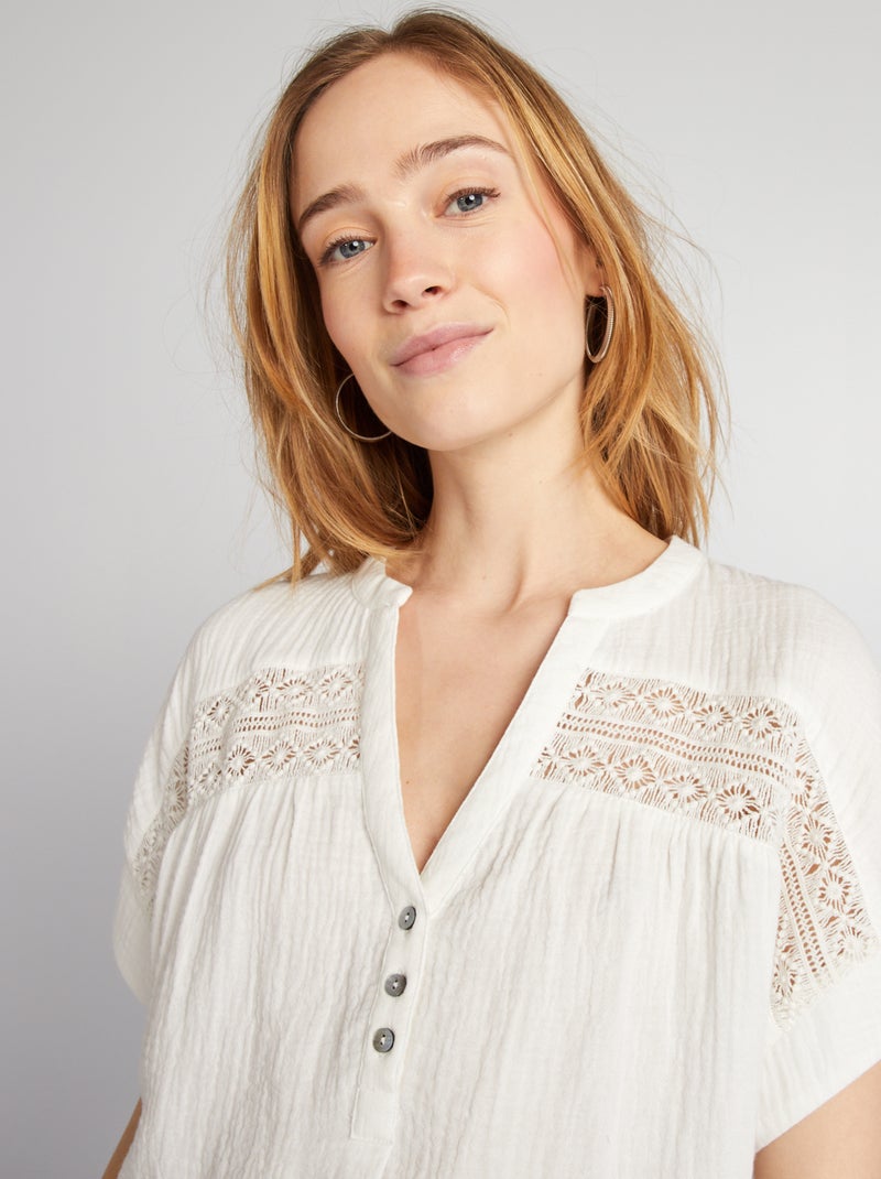 Blouse à manches courtes en gaze de coton blanc - Kiabi