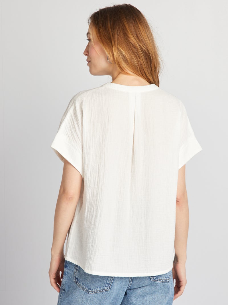 Blouse à manches courtes en gaze de coton blanc - Kiabi
