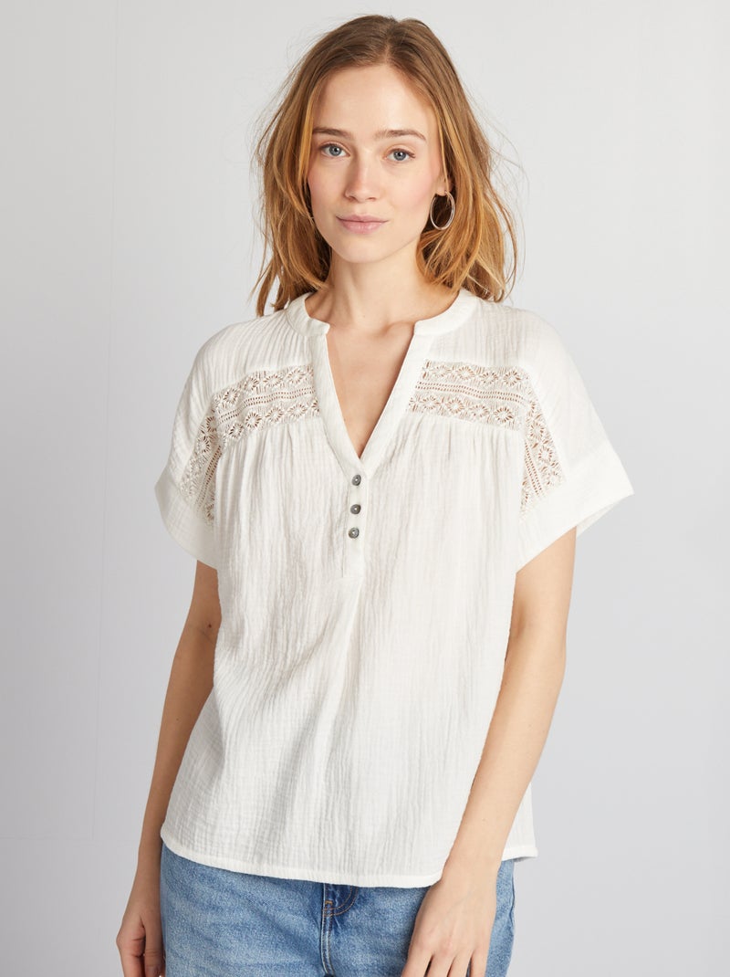 Blouse à manches courtes en gaze de coton blanc - Kiabi