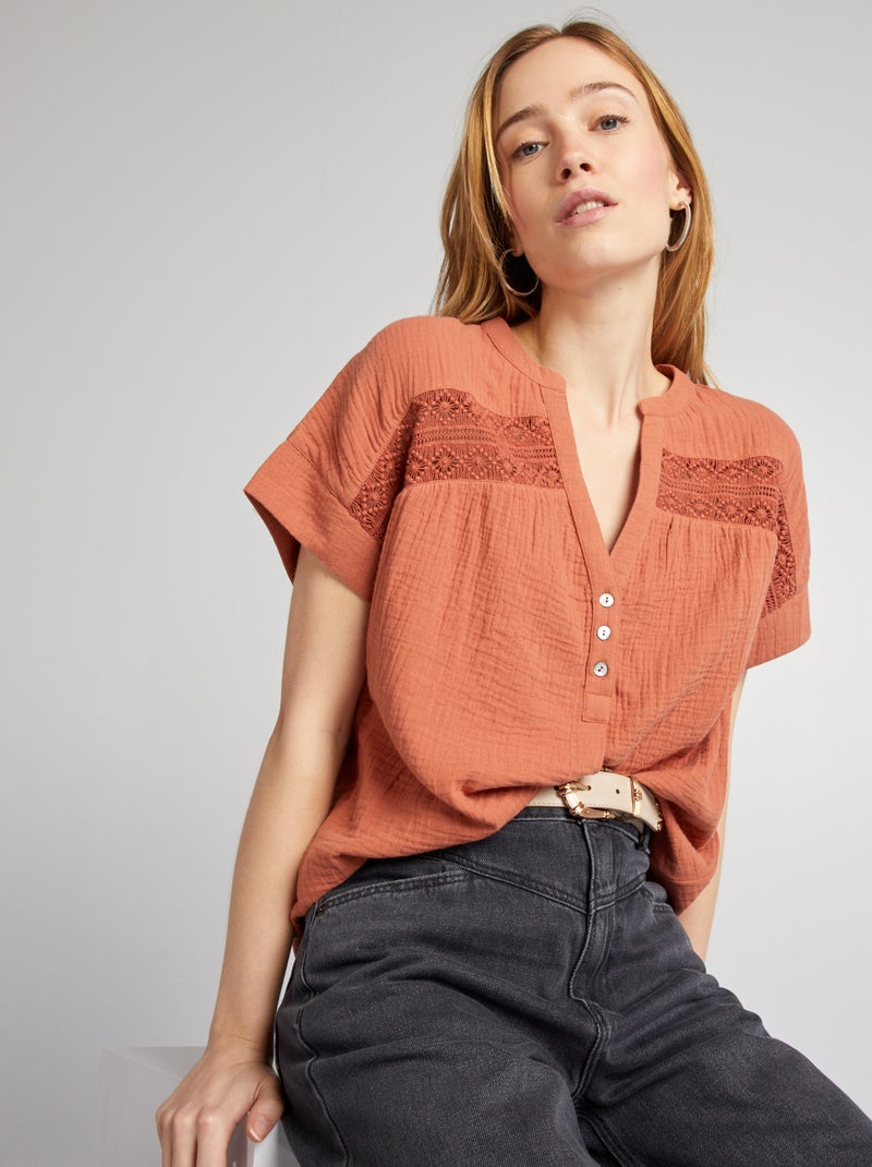 Blouse à manches courtes en gaze de coton Brique - Kiabi