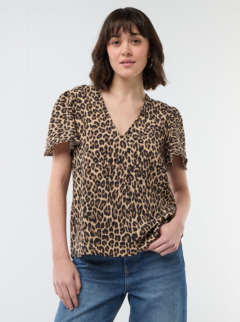 Blouse à manches courtes et col V Beige - Kiabi