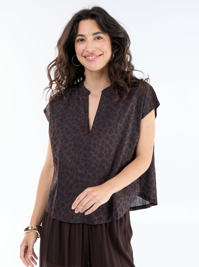 Blouse à manches courtes et col V Marron - Kiabi