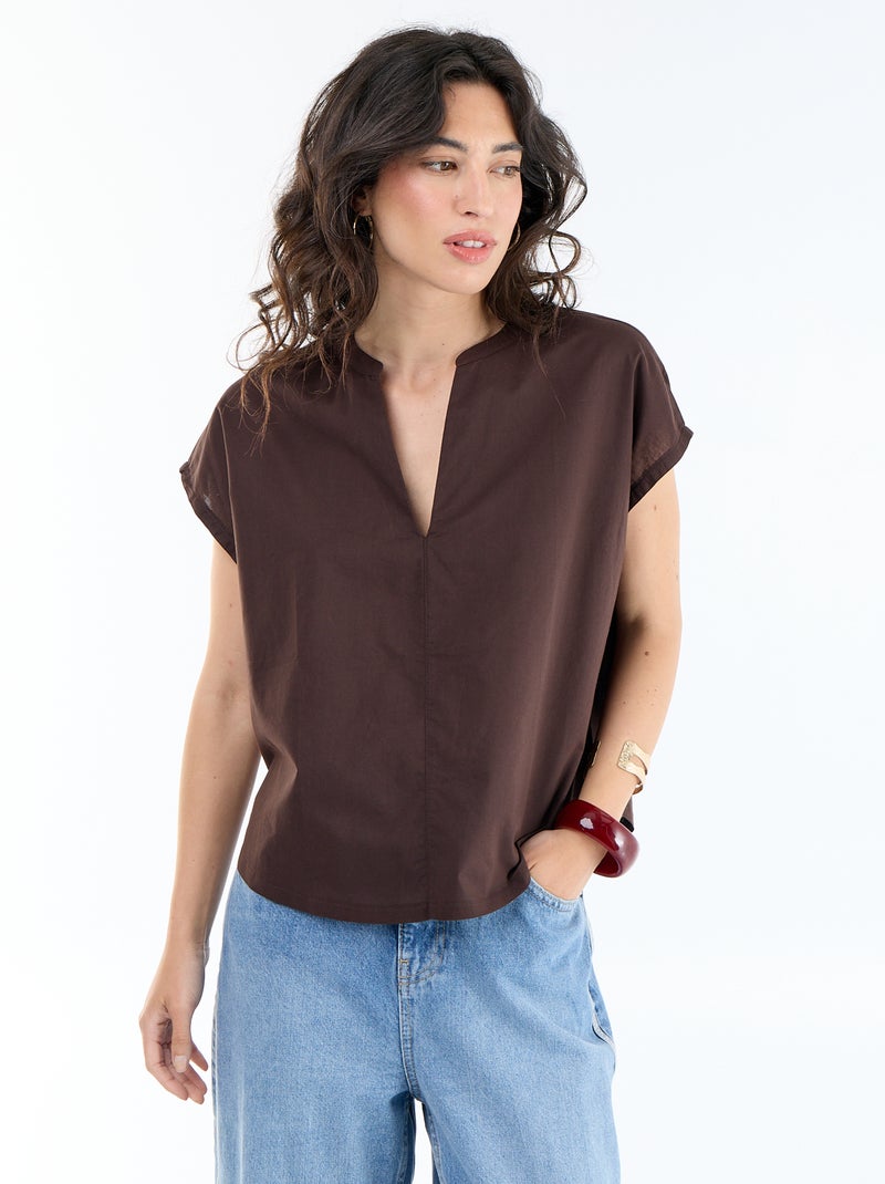 Blouse à manches courtes et col V Marron - Kiabi