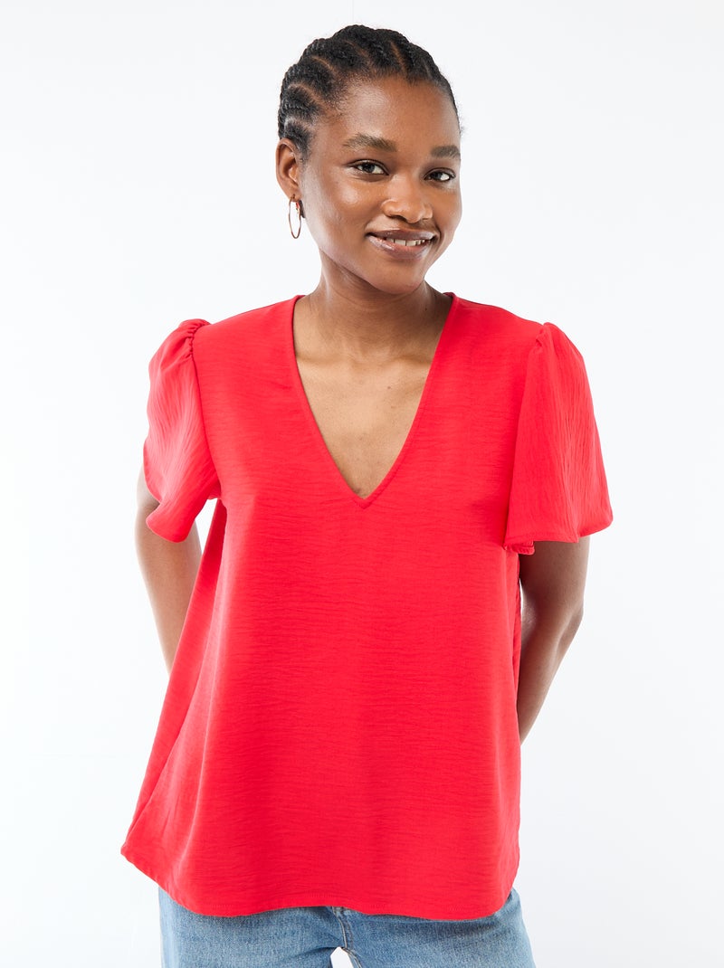 Blouse à manches courtes et col V Rouge - Kiabi