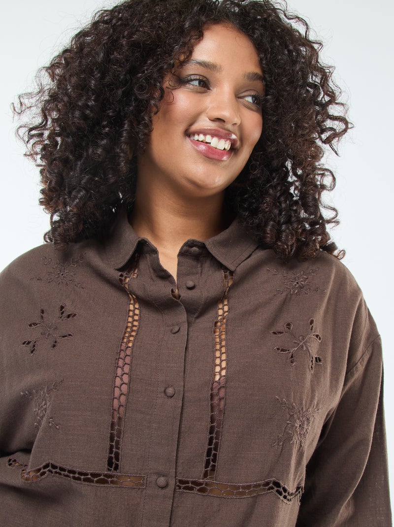 Blouse à manches longues avec broderies ajourées Marron - Kiabi