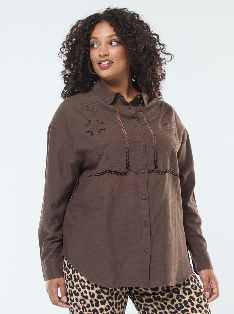 Blouse à manches longues avec broderies ajourées Marron - Kiabi