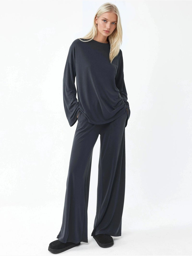 Blouse à manches longues avec col rond et coupe décontractée busem Gris Noir - Kiabi