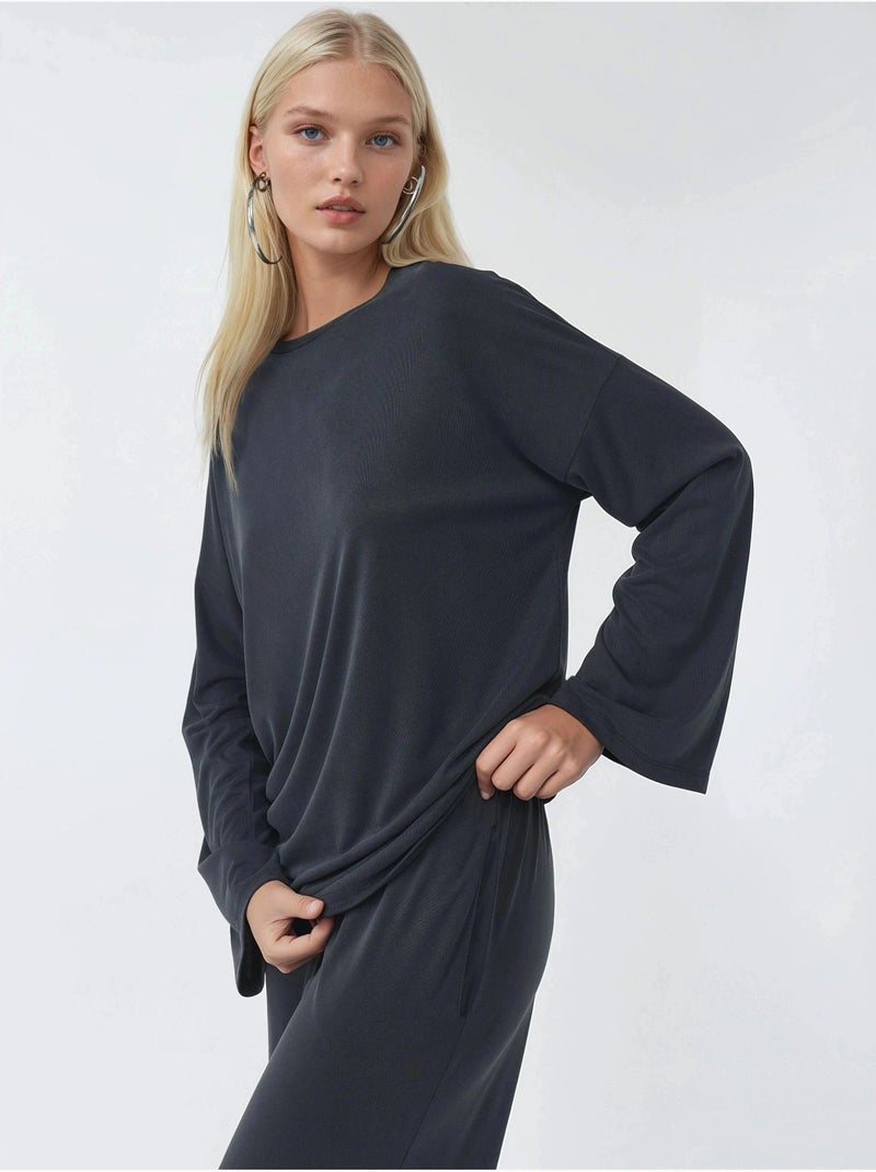 Blouse à manches longues avec col rond et coupe décontractée busem Gris Noir - Kiabi
