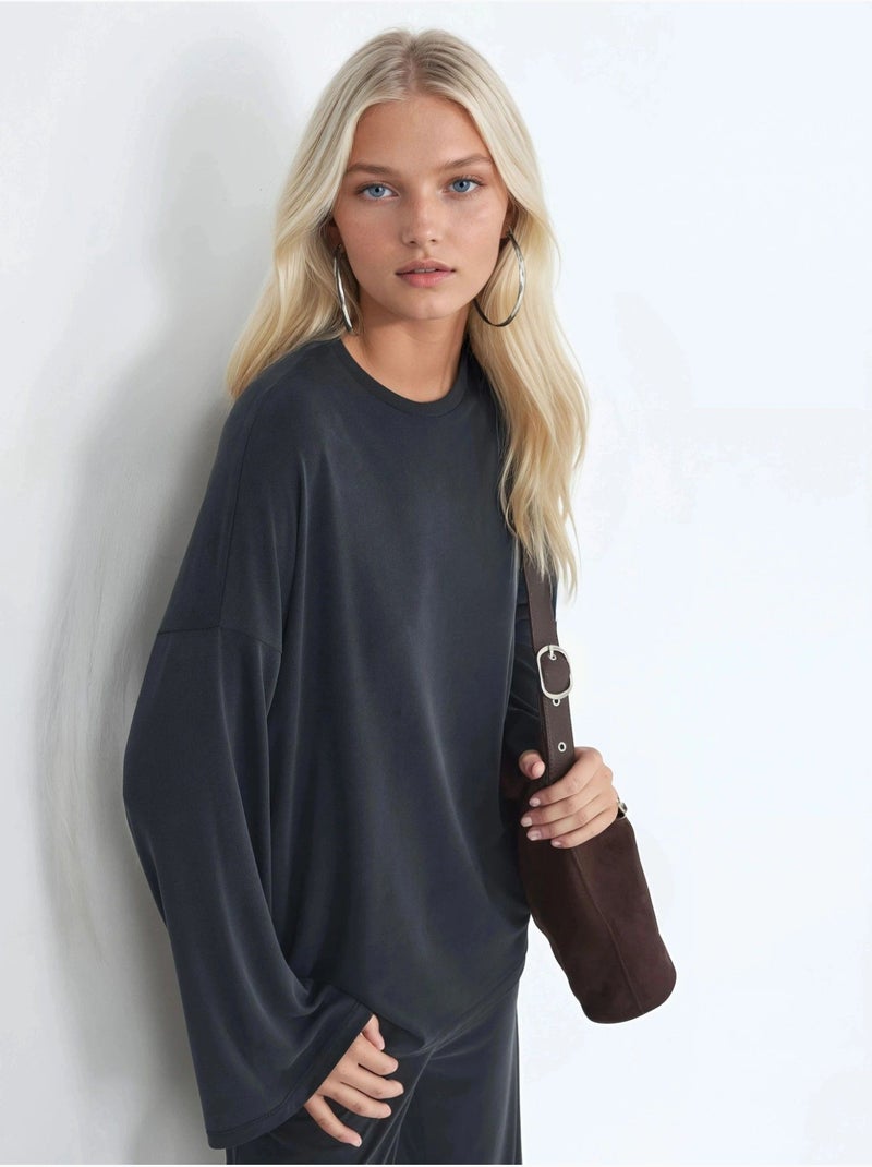 Blouse à manches longues avec col rond et coupe décontractée busem Gris Noir - Kiabi
