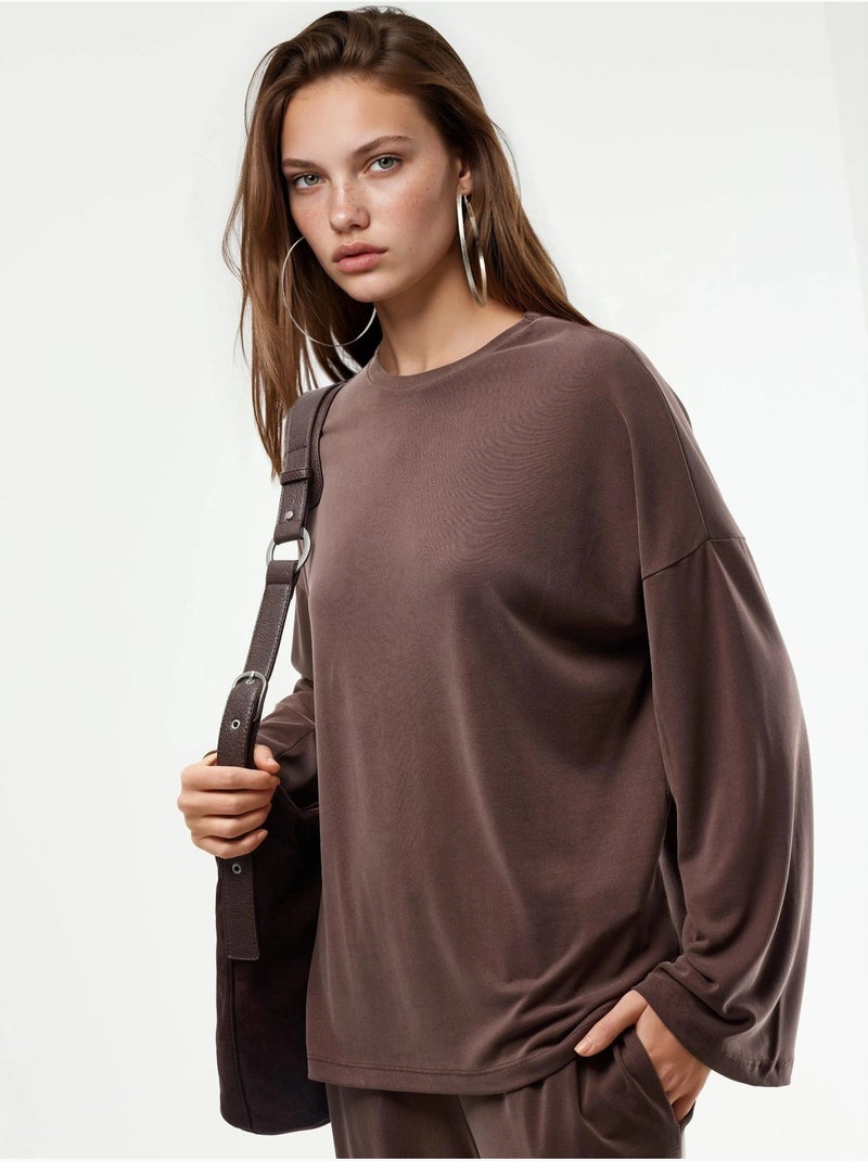 Blouse à manches longues avec col rond et coupe décontractée busem Marron clair - Kiabi