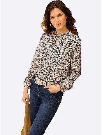 Blouse à manches longues avec col rond et motif animal - Taille standard - Moda Vilona