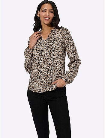Blouse à manches longues avec col rond et motif animal - Taille standard - Moda Vilona