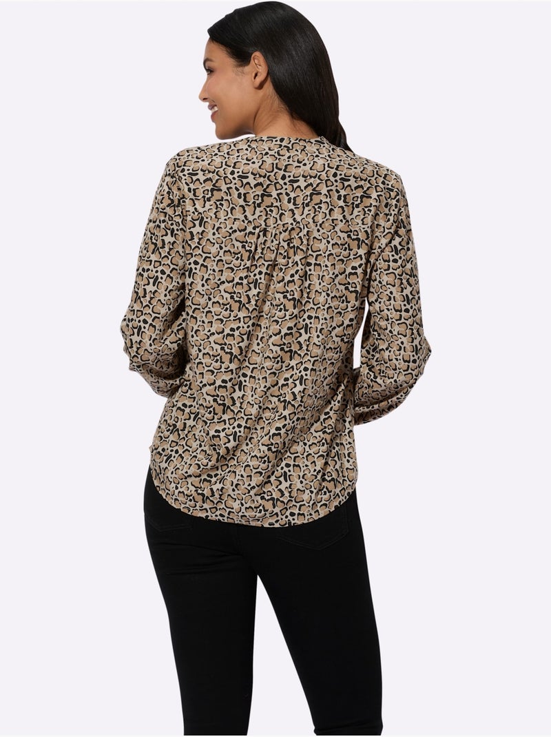 Blouse à manches longues avec col rond et motif animal - Taille standard - Moda Vilona Noir Beige - Kiabi
