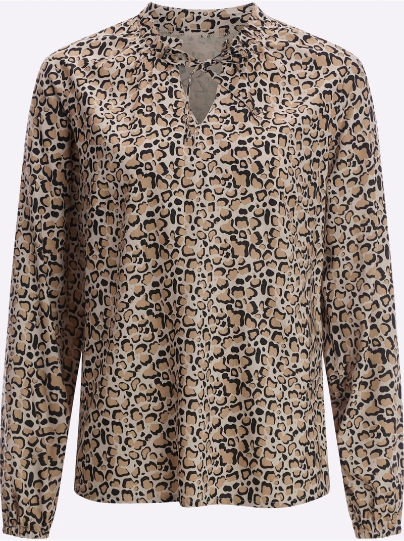 Blouse à manches longues avec col rond et motif animal - Taille standard - Moda Vilona Noir Beige - Kiabi