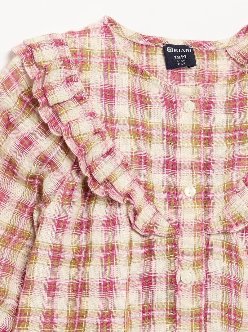 Blouse à manches longues en gaze de coton avec volants Rose - Kiabi
