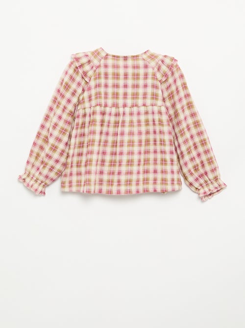 Blouse à manches longues en gaze de coton avec volants - Kiabi Blouse à manches longues en gaze de coton avec volants - Kiabi