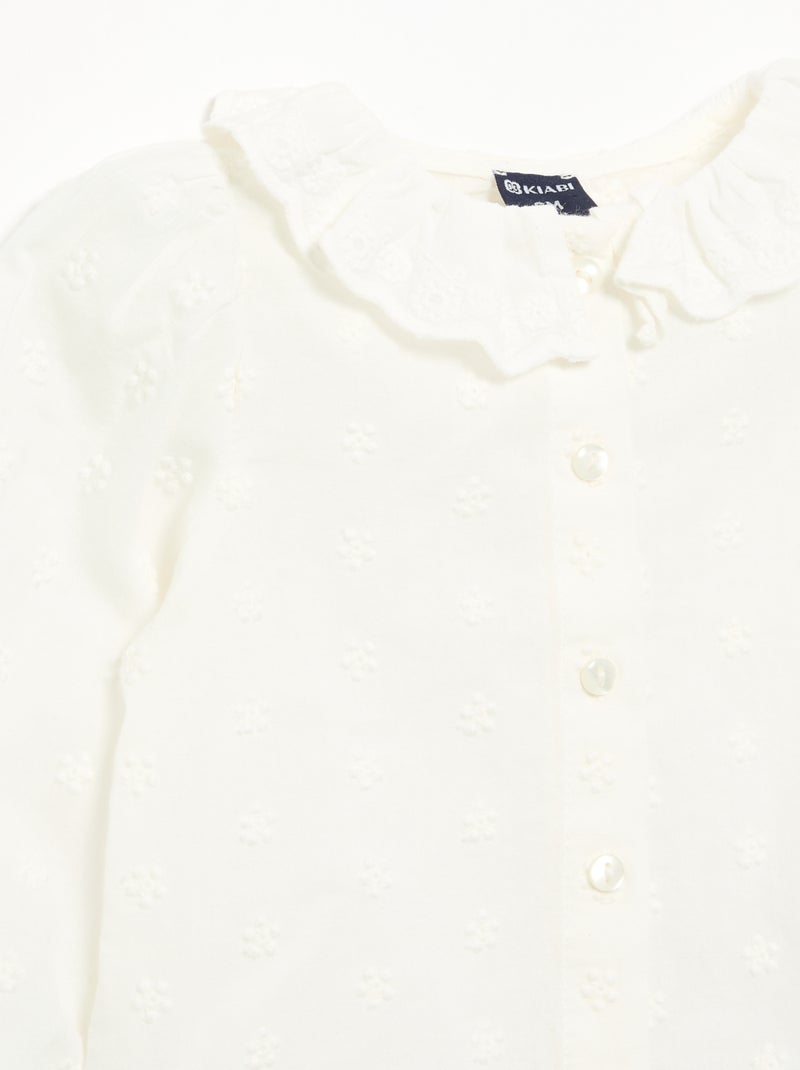 Blouse à manches longues en voile de coton avec fleurs brodées Blanc - Kiabi