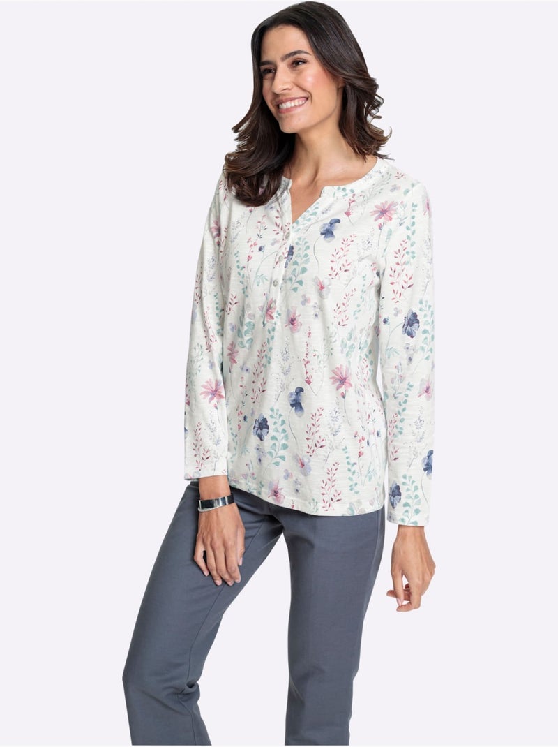 Blouse à manches longues motif floral filigrane en coton - Taille standard - Witt Écru/Violet - Kiabi