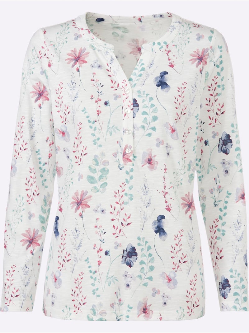 Blouse à manches longues motif floral filigrane en coton - Taille standard - Witt Écru/Violet - Kiabi