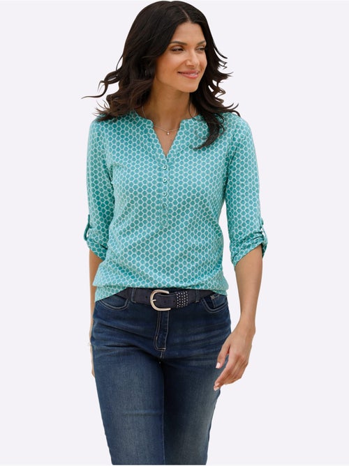 Blouse à motifs imprimés avec col en v et manches 3/4 retroussables - taille standard - moda vilona - Kiabi Blouse à motifs imprimés avec col en v et manches 3/4 retroussables - taille standard - moda vilona - Kiabi