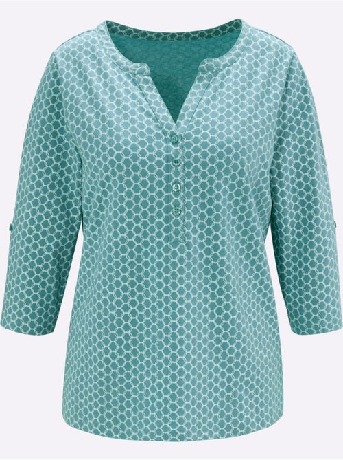 Blouse à motifs imprimés avec col en v et manches 3/4 retroussables - taille standard - moda vilona - Kiabi Blouse à motifs imprimés avec col en v et manches 3/4 retroussables - taille standard - moda vilona - Kiabi