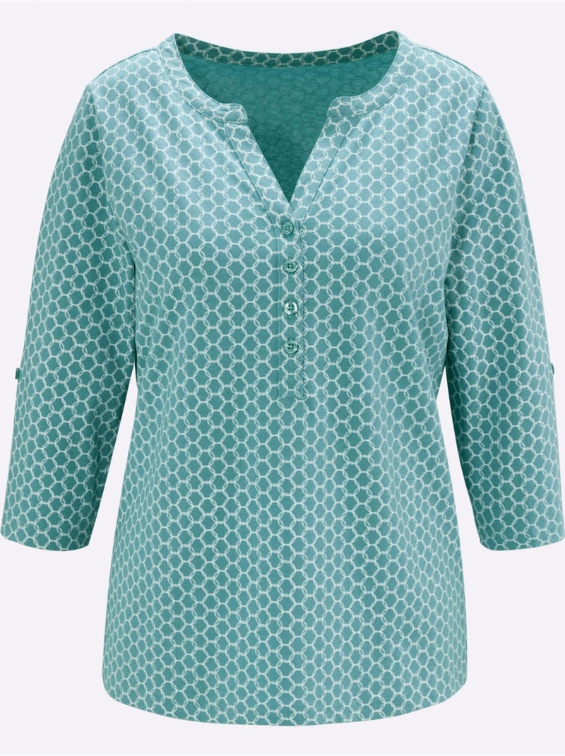Blouse à motifs imprimés avec col en v et manches 3/4 retroussables - taille standard - moda vilona Bleu marine - Kiabi