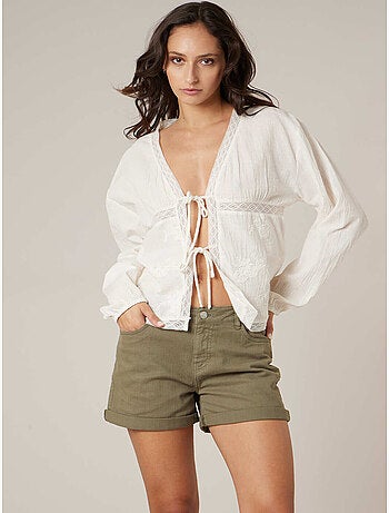 Blouse à nouer détails en dentelles 100% coton 'Deeluxe'