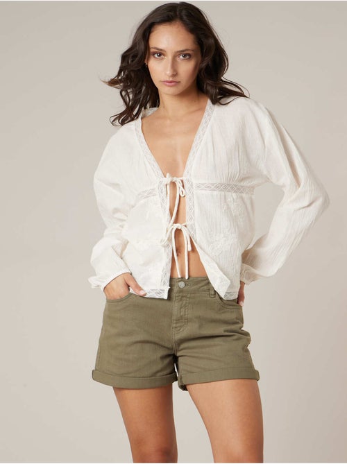 Blouse à nouer détails en dentelles 100% coton 'Deeluxe' - Kiabi