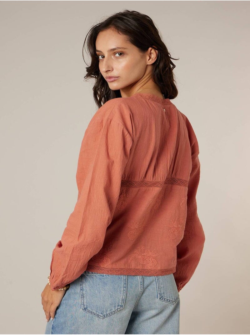 Blouse à nouer détails en dentelles 100% coton 'Deeluxe' Rouge brique - Kiabi
