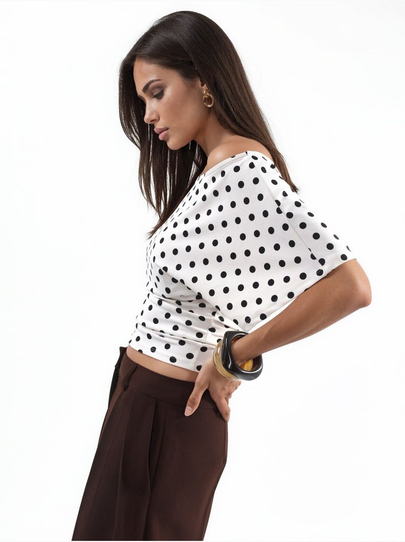 Blouse à pois avec taille ajustée et manches chauve-souris Crème - Kiabi