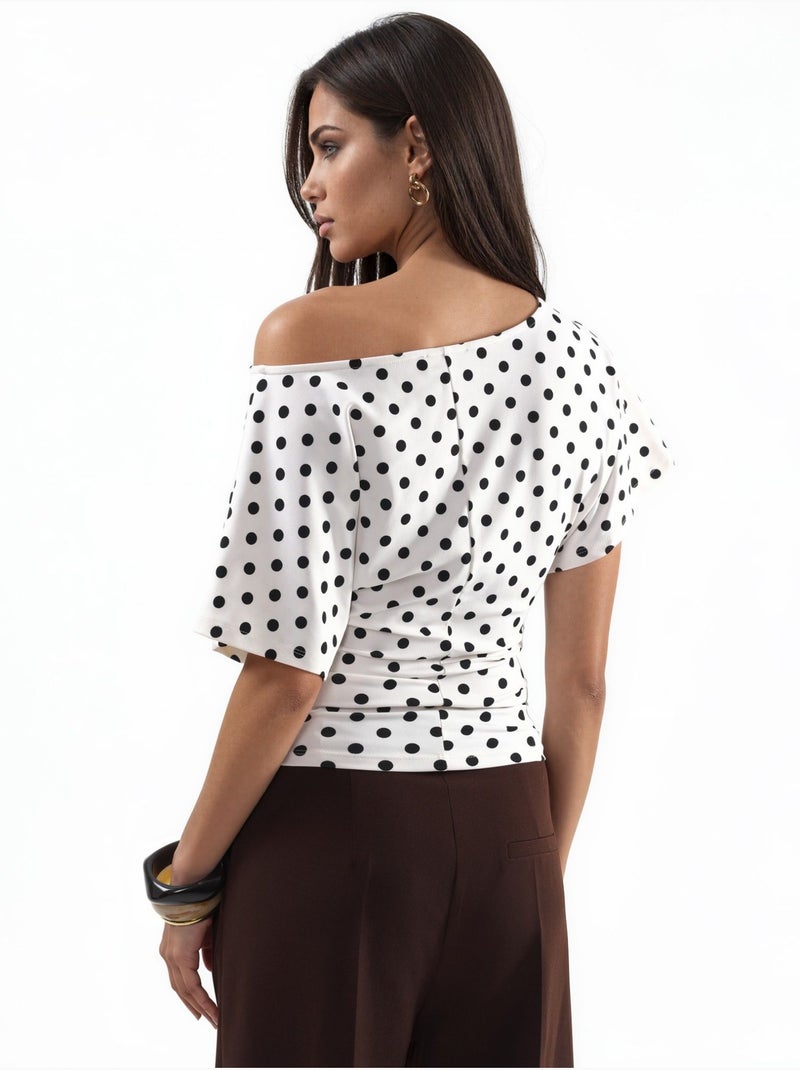 Blouse à pois avec taille ajustée et manches chauve-souris Crème - Kiabi