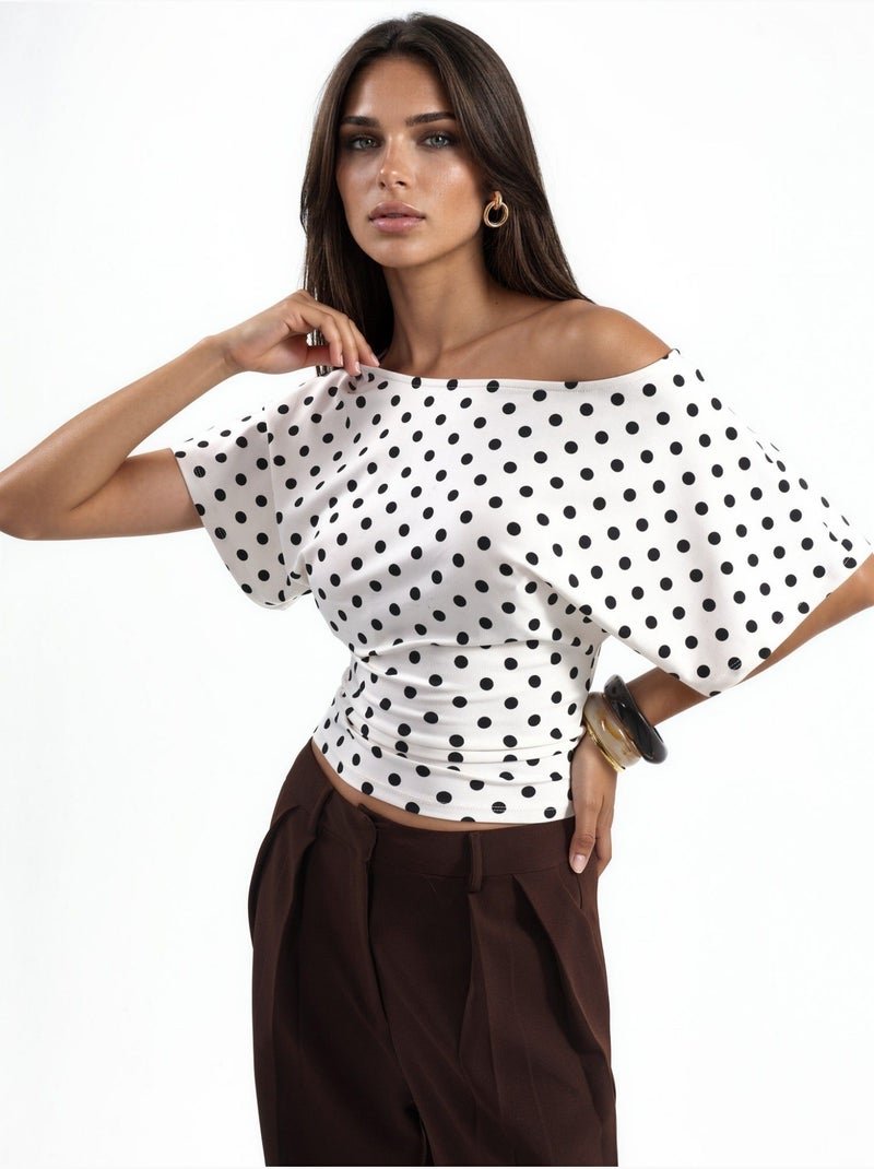 Blouse à pois avec taille ajustée et manches chauve-souris Crème - Kiabi