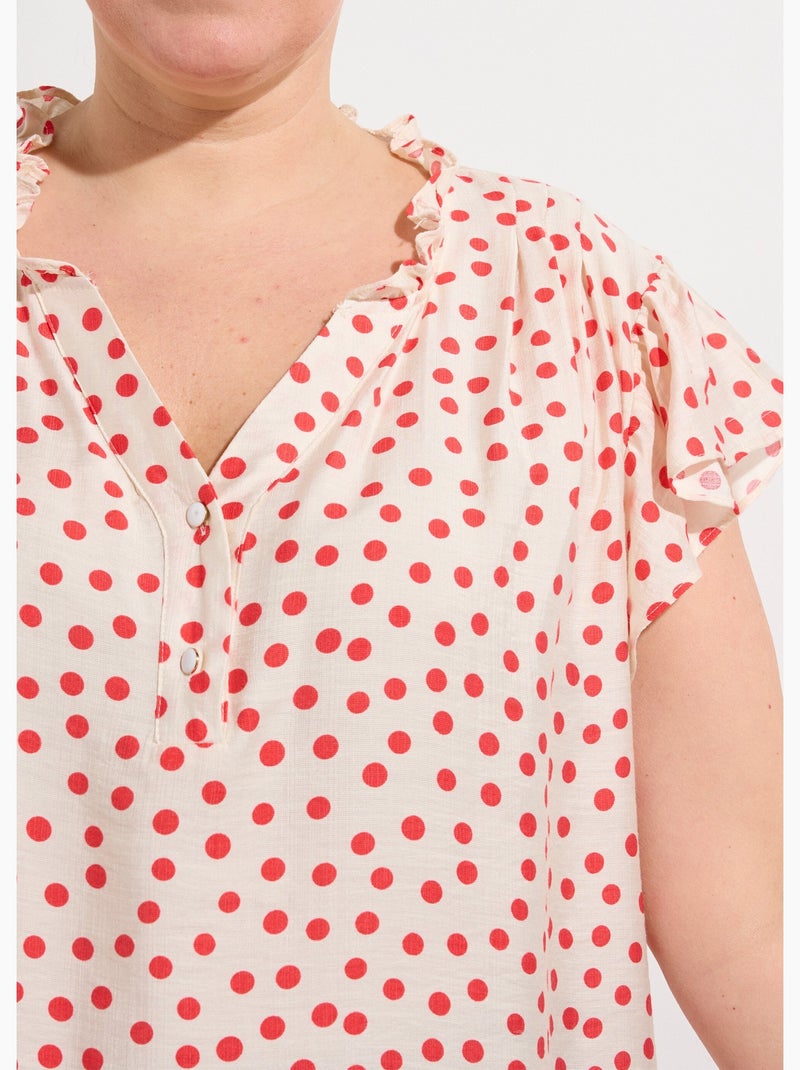 Blouse à pois, volants col et manches - afibel Ecru/Rouge - Kiabi