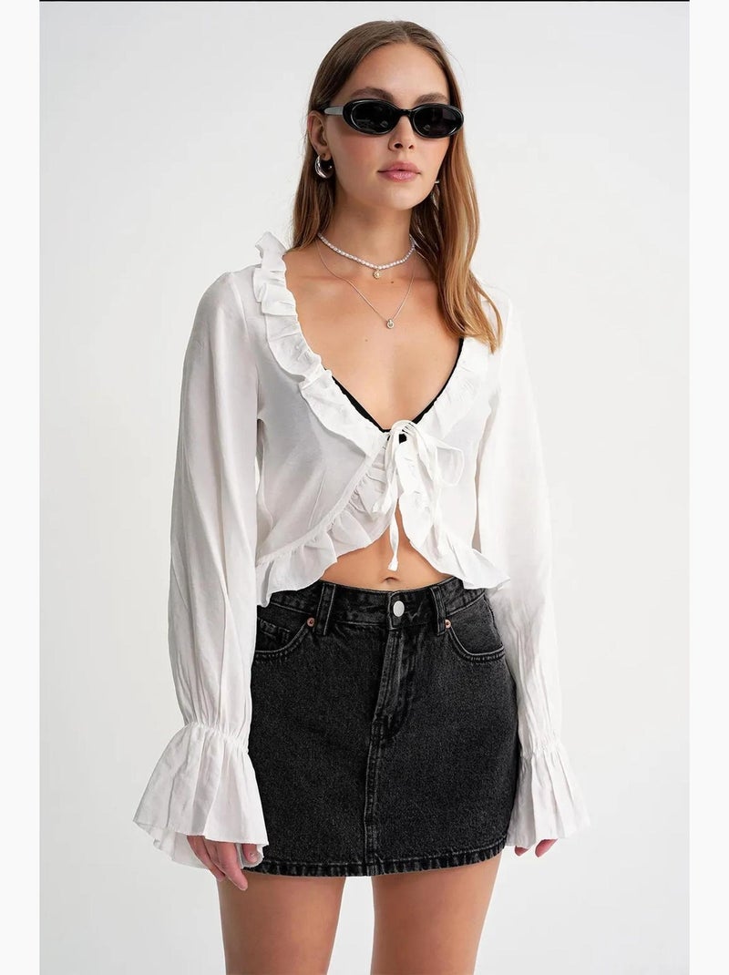 Blouse à volants col en v manches longues mixray Blanc - Kiabi