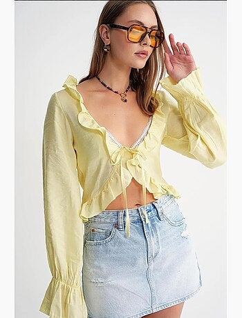 Blouse à volants col en v manches longues mixray