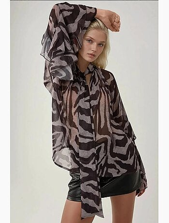 Blouse à volants imprimé zèbre manches longues en voile hiccup