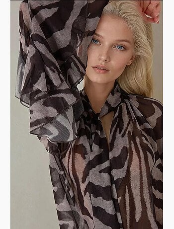 Blouse à volants imprimé zèbre manches longues en voile hiccup