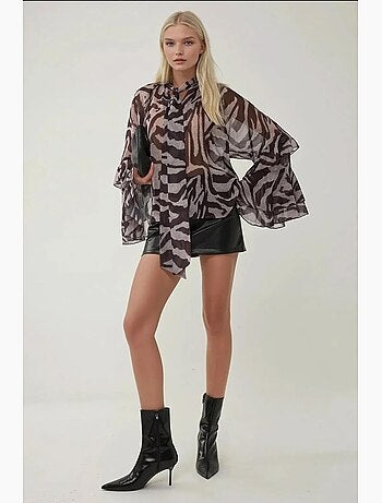 Blouse à volants imprimé zèbre manches longues en voile hiccup
