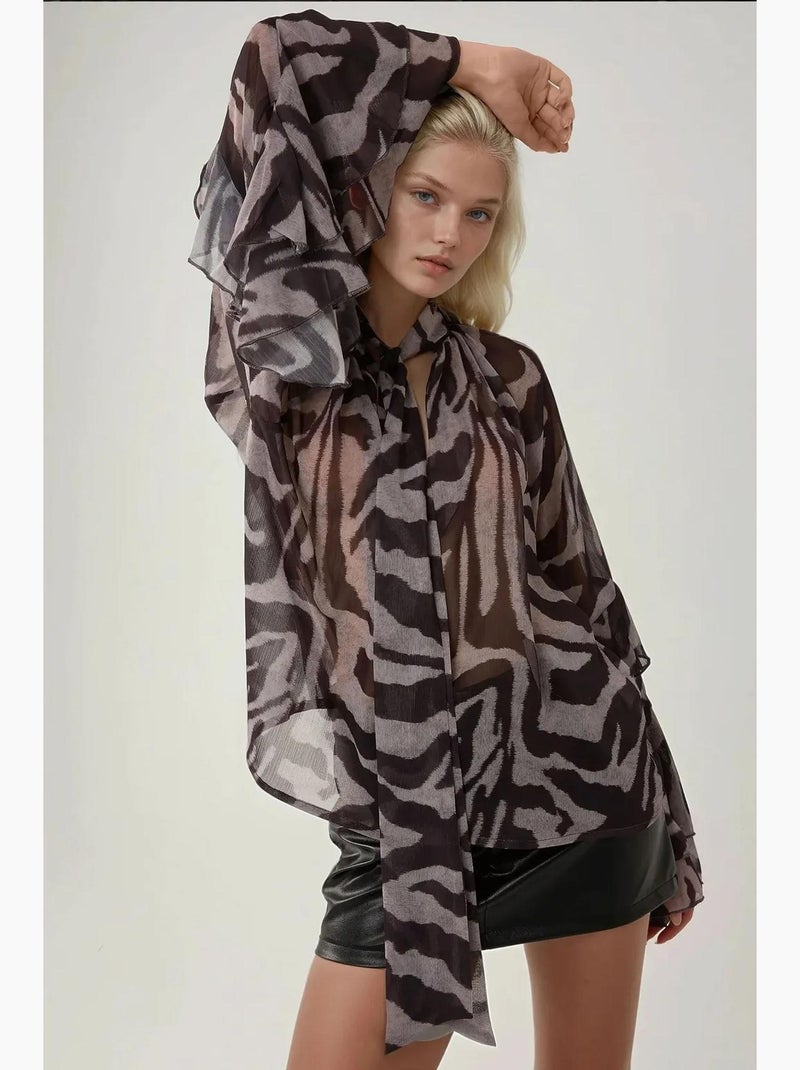 Blouse à volants imprimé zèbre manches longues en voile hiccup Multicolore - Kiabi