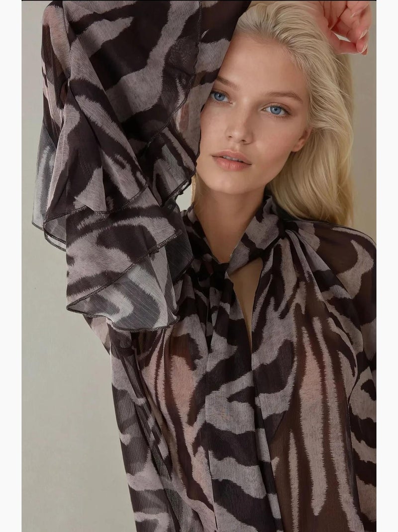 Blouse à volants imprimé zèbre manches longues en voile hiccup Multicolore - Kiabi